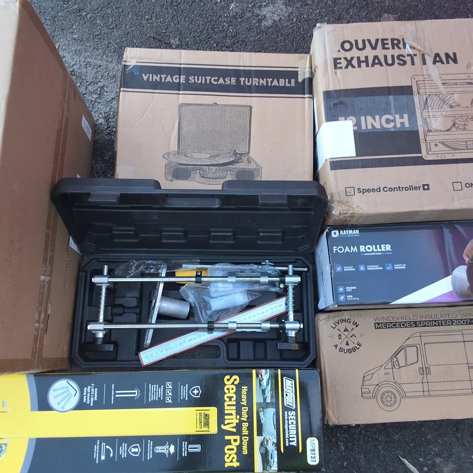 PALLET OF ASSORTED HOUSEHOLD ITEMS TO INCLUDE EXHAUST FAN, SECURITY POST AND VINTAGE TURNTABLE