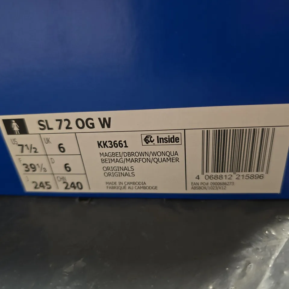 ADIDAS ORIGINALS SL72 OG W SNEAKERS – UK 6, BEIGE/TAN WITH DARK BROWN STRIPES