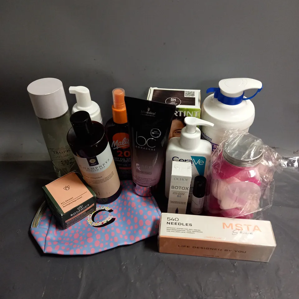 APPROXIMATELY 20 ASSORTED COSMETIC PRODUCTS TO INCLUDE - CERAVE BLEMISH CONTROL CLEANSER - BOTANICS RECHARGING NIGHT CREAM - GIVE ME FAKE TAN REMOVER - ETC 