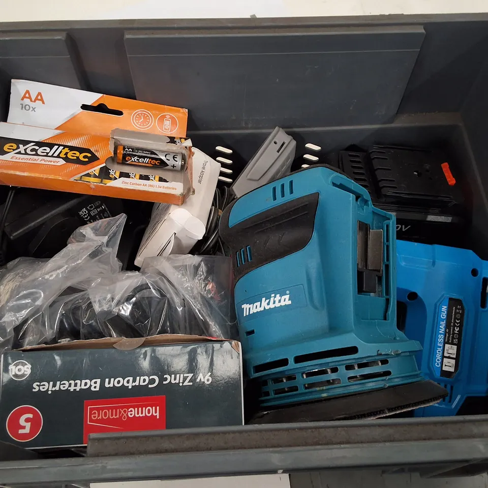 TOTE CONTAINS ASSORTED TOOLS & BATTIRES
