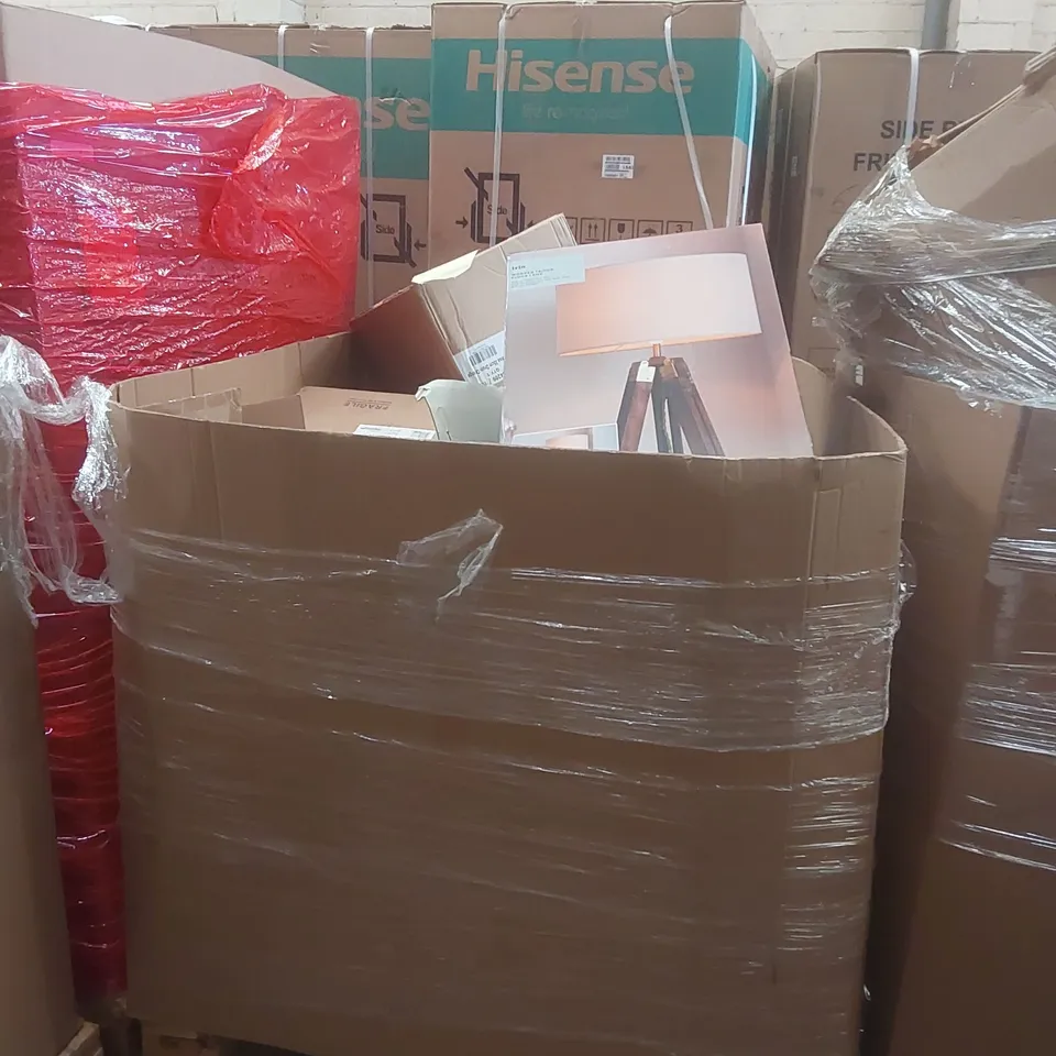 PALLET CONTAINING A VERY LARGE QUANTITY OF ASSORTED DESIGNER LIGHTING PRODUCTS INCLUDING: TRIO TRIPOD FLOOR LAMP, BOBBY FLOOR LAMP, ERIN CEILING LIGHT ECT