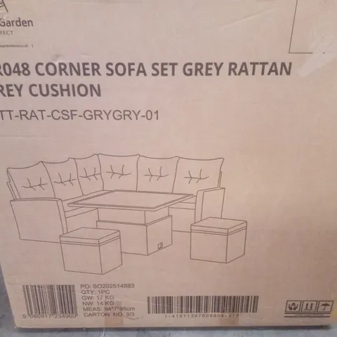 BOXED HOME GARDEN DIRECT OR048 CORNER SOFA SET GREY RATTAN GREY CUSHION (3 BOXES)
