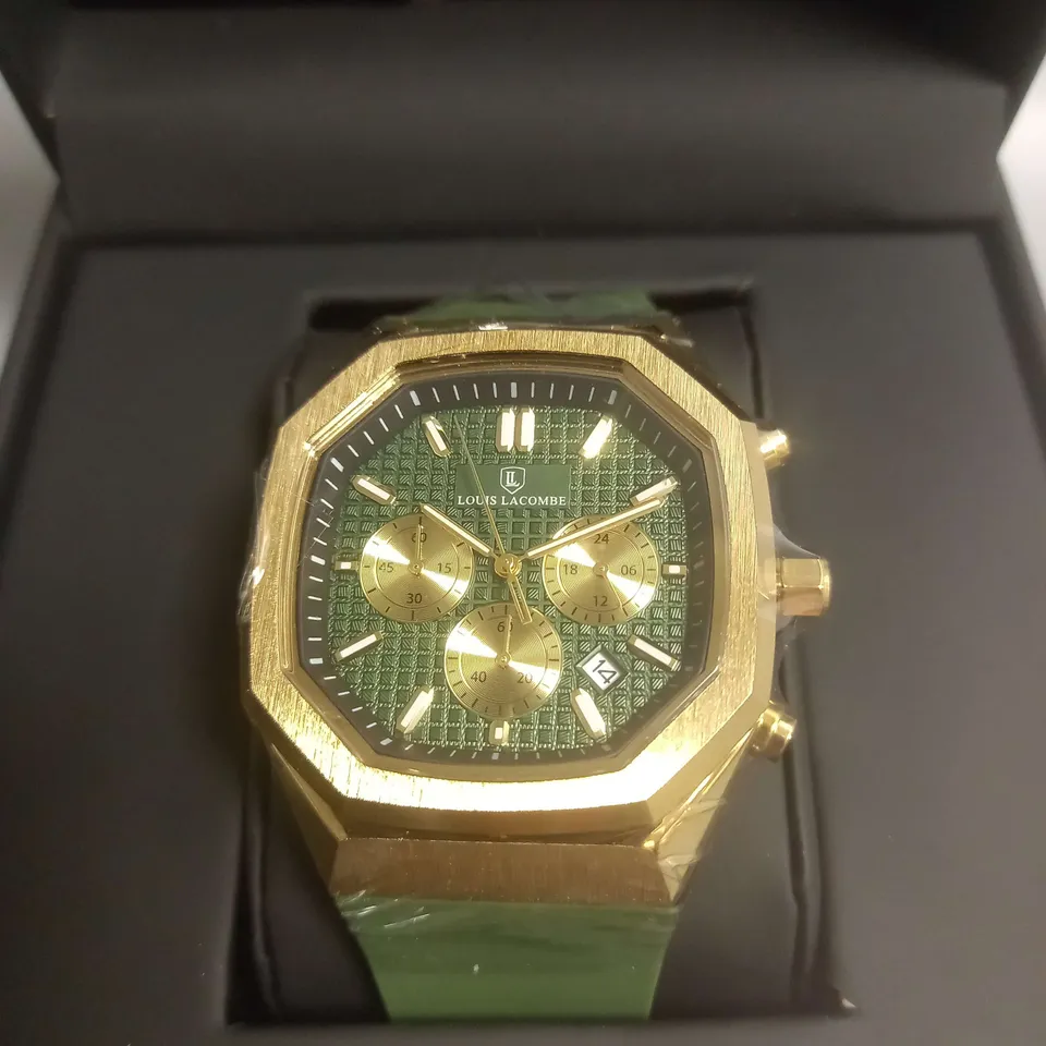 BOXED LOUIS LACOMBE SILICONE WRIST WATCH IN GOLD/GREEN