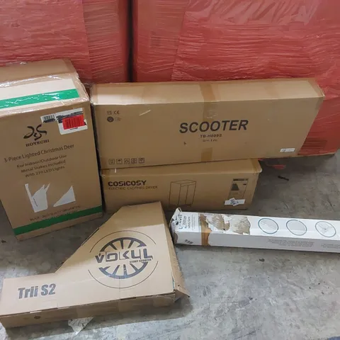 PALLET OF ASSORTED ITEMS INCLUDING: ELECTRIC CLOTHES DRYER, 3-PIECE LIGHTED CHRISTMAS DEER, STUNT SCOOTER, SCOOTER, RETRACTABLE SAFETY GATE ECT