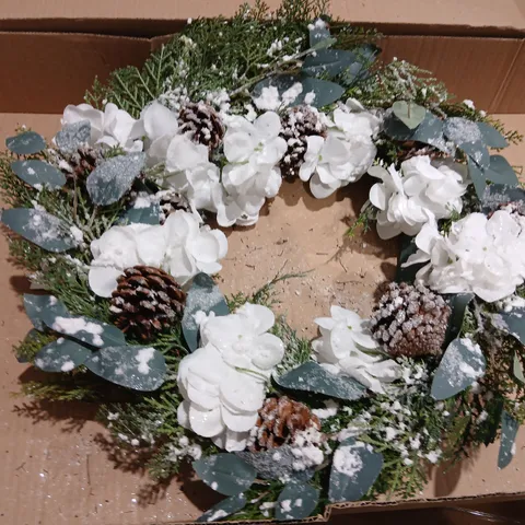 TWO GISELA GRAHAM FROST AND PINECONE WREATHS