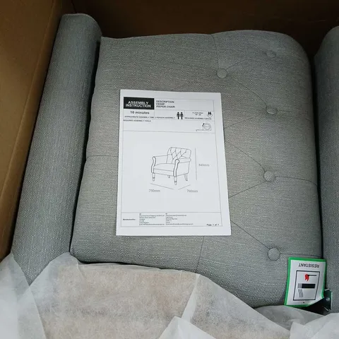 GREY FABRIC ARMCHAIR – BOXED WITH ASSEMBLY INSTRUCTIONS