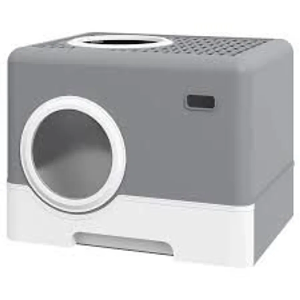 BOXED PAWHUT ENCLOSED CAT LITTER BOX, WITH LID, FRONT ENTRY, TOP EXIT, PULL-OUT TRAY, SCOOP - GREY