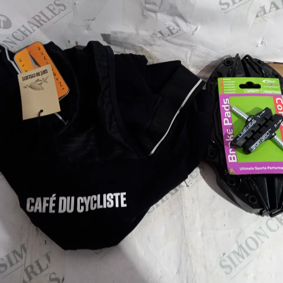 LOT OF ASSORTED ITEMS TO INCLUDE BRAKE COVERS - BIKE SHORTS - BIKE BRAKES 