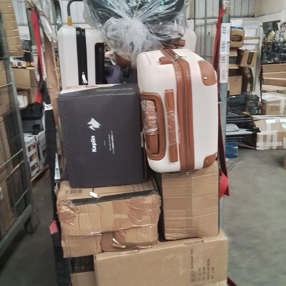 CAGE OF ASSORTED HOUSEHOLD GOODS AND PRODUCTS TO INCLUDE;SUITCASES,COLD PRESS JUICER,CHILDREN'S CAR SEAT,PLAYPEN 