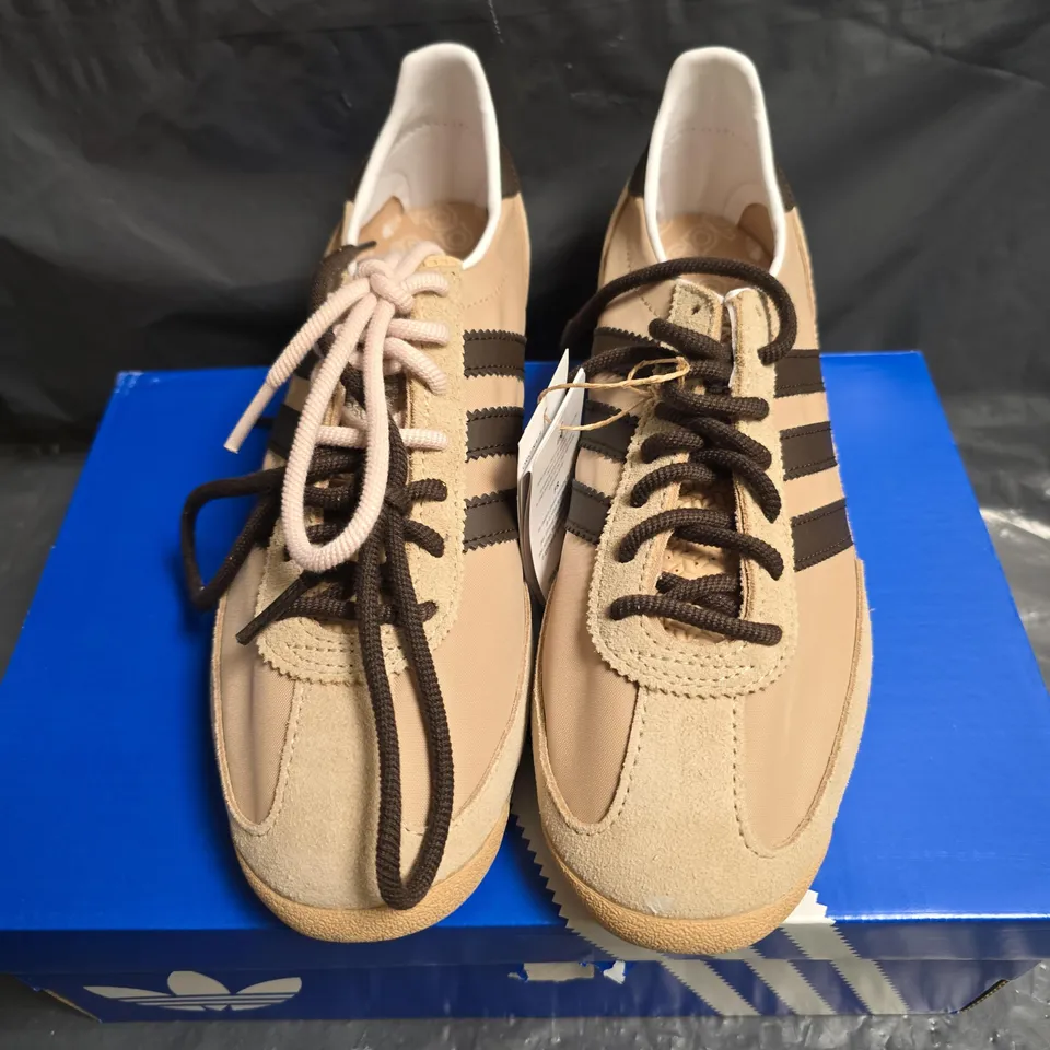 ADIDAS ORIGINALS SL72 OG W SNEAKERS – UK 6, BEIGE/TAN WITH DARK BROWN STRIPES