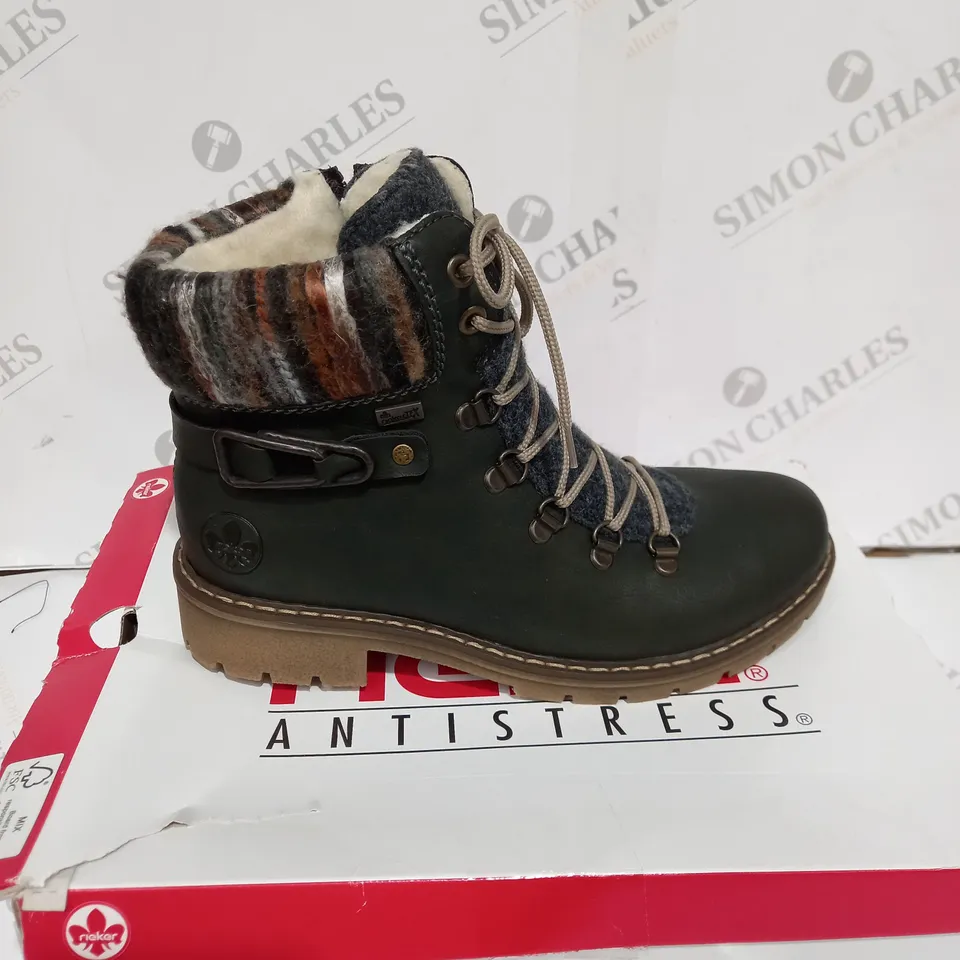 RIEKER GREEN/MULTI COLOURED LINING HIKING BOOTS - UK SIZE 4