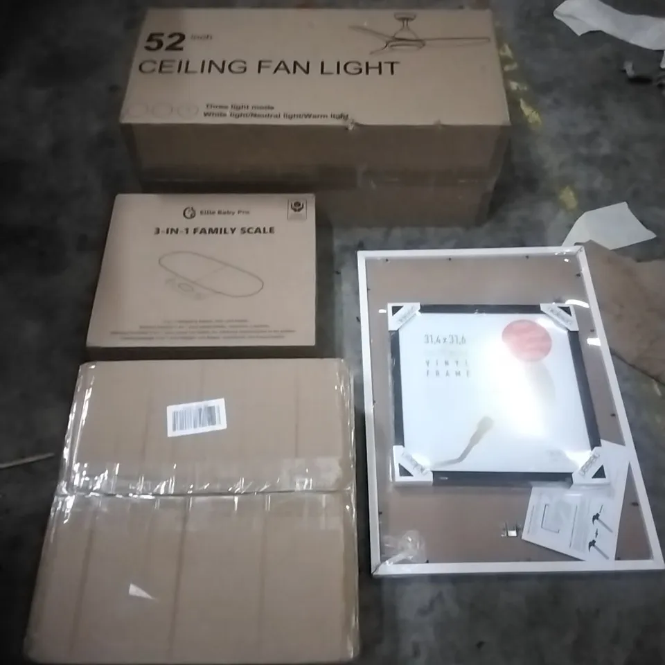 PALLET OF HOUSEHOLD ITEMS TO INCLUDE CEILING FAN LIGHT, 3-1 FAMILY SCALE, PICTURE FRAMES,WREATH AND OTHER ASSORTED ITEMS...