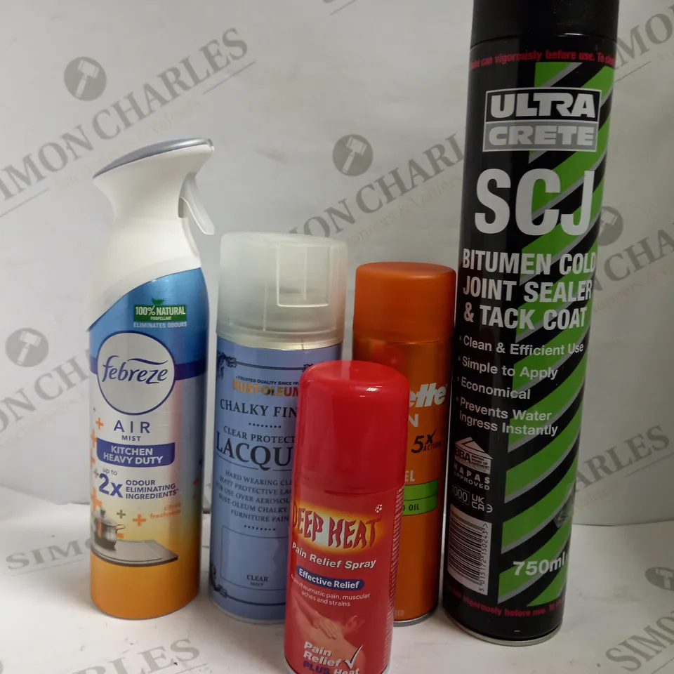 BOX OF APPROX 15 ASSORTED AEROSOLS INCLUDING GILLETTE SHAVE GEL, DEEP HEAT AND FEBREEZE AIR MIST - COLLECTION ONLY