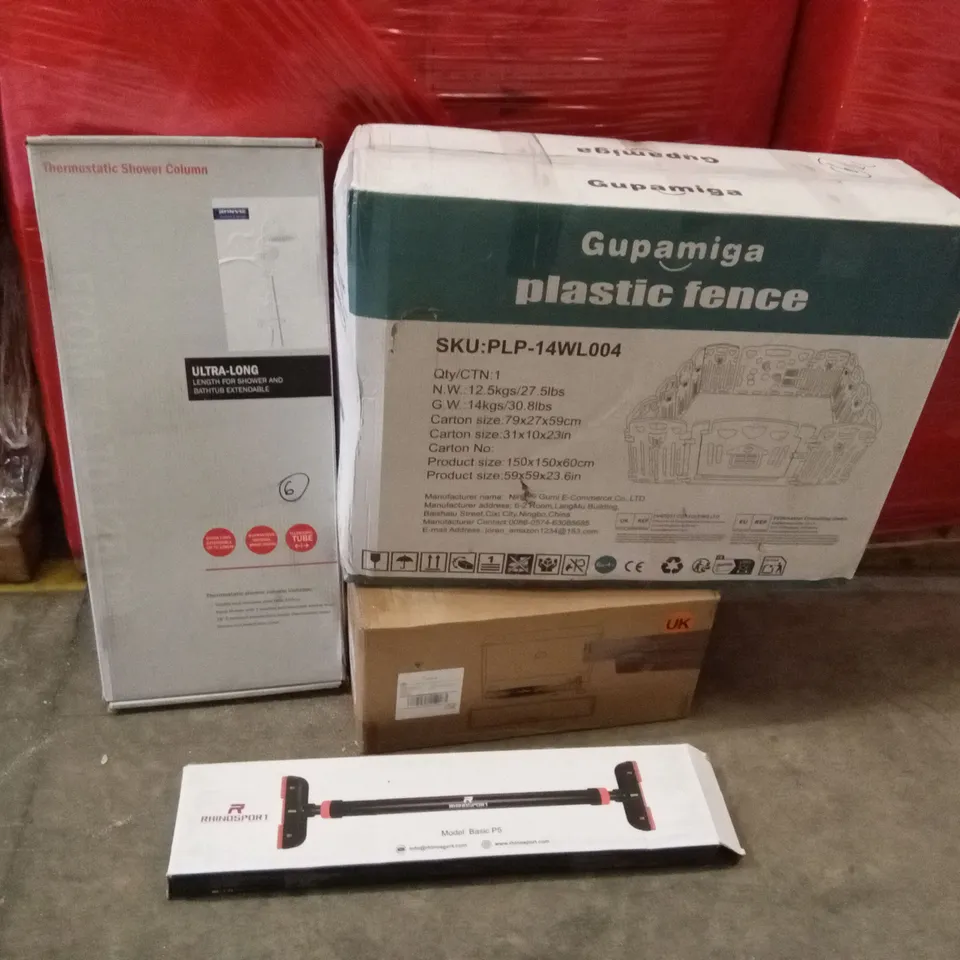 PALLET OF ASSORTED HOUSEHOLD GOODS AND PRODUCTS TO INCLUDE; PULL-UP BAR, THERMOSTATIC SHOWER COLUMN, TURN-TABLE, KIDS PLASTIC FENCE PLAYPEN ETC