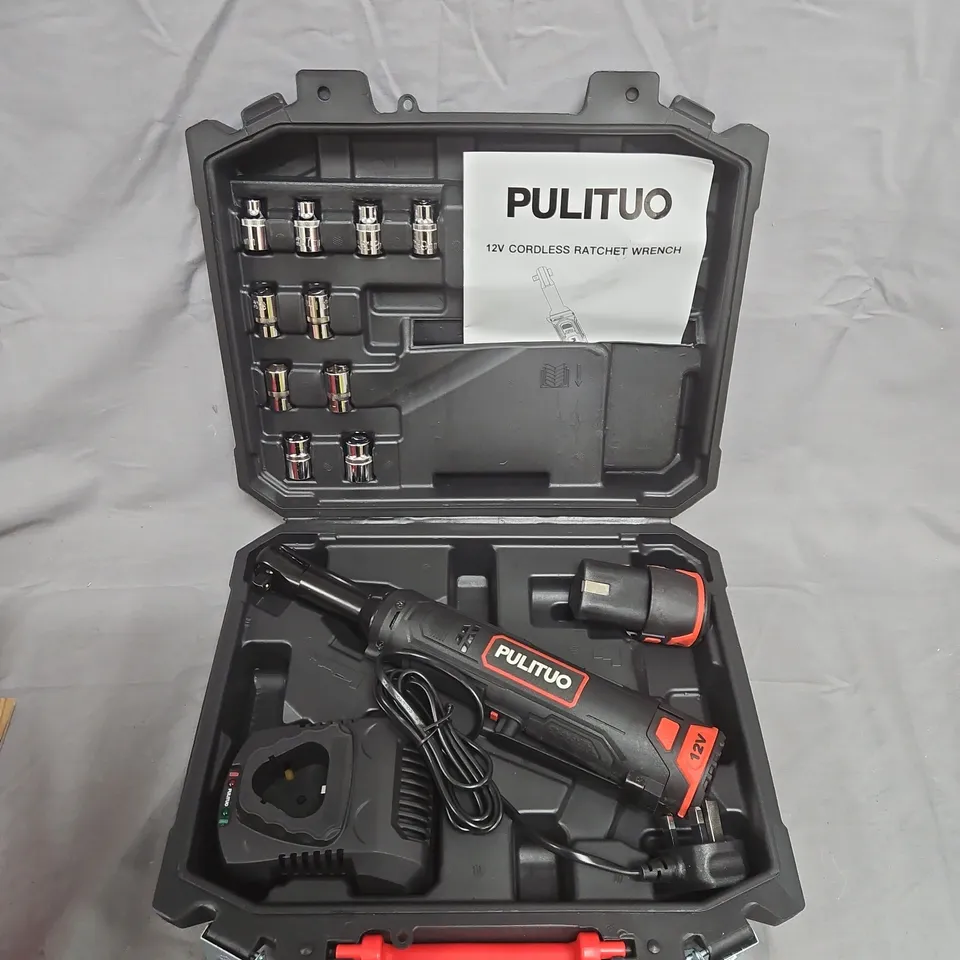 PULITUO 12V CORDLESS RATCHET WRENCH KIT – 3/8 INCH CHUCK, BATTERY & CHARGER, CARRY CASE