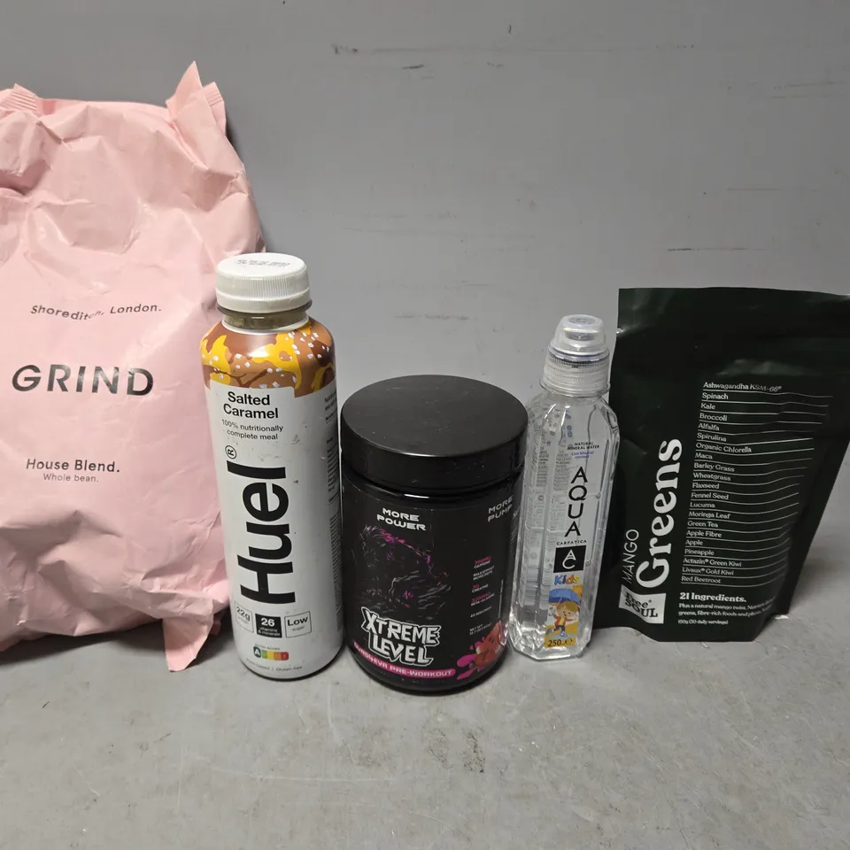 TOTE OF APPROXIMATELY 9 ASSORTED FOOD ITEMS TO INCLUDE - GRIND HOUSE BLEND , HUEL SALTED CARAMEL , MANGO GREENS ETC