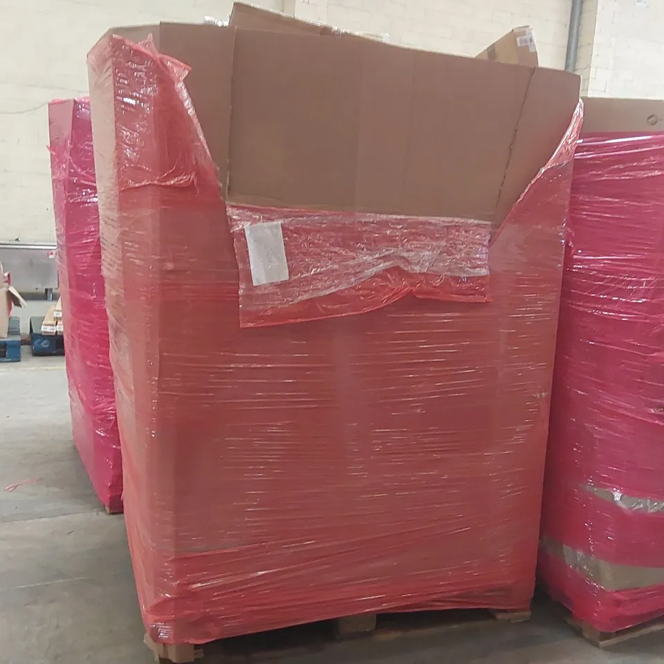 PALLET OF ASSORTED ITEMS INCLUDING: AIR MULTIPLIER TOWER FAN, CEILING LAMP, BED RAIL, CLOTHES DRYER, SOFT PET CRATE ECT