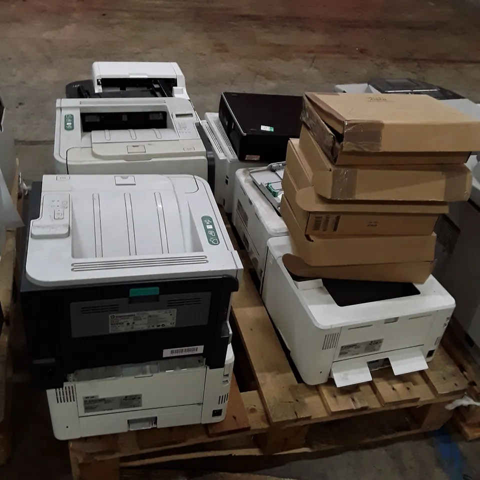 PALLET OF ASSORTED OFFICE EQUIPMENT INCLUDING PRINTERS, DESKTOP & KEYBOARDS 