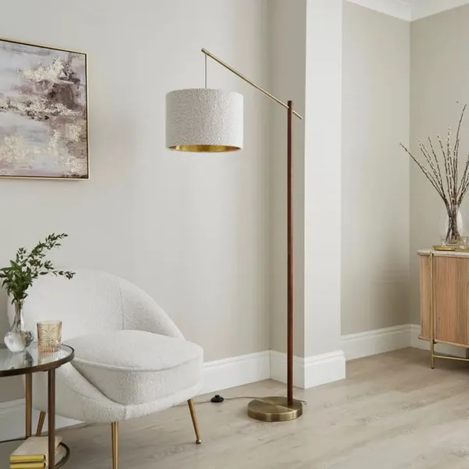 BOXED HAZELLE BOUCLE WOODEN ARC FLOOR LAMP