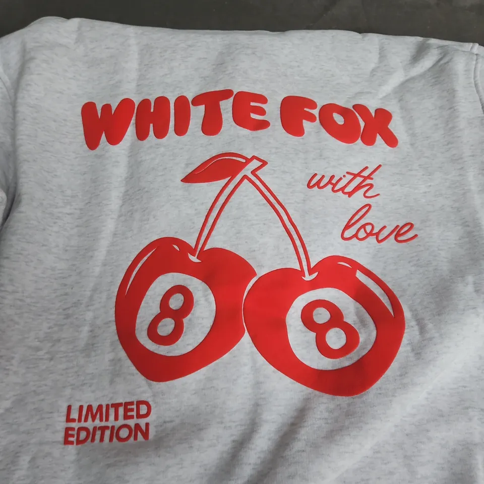 White Fox Hoodie – Grey with Cherry Graphic, Limited Edition, Size S (EU/US)