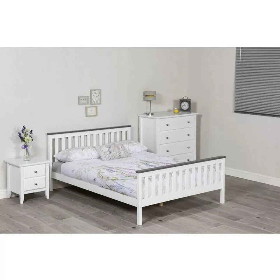 BOXED SOLID PINE WOOD SHANGHAI MARCUS BED FRAME - WHITE & GREY // SIZE: DOUBLE (2 BOXES)