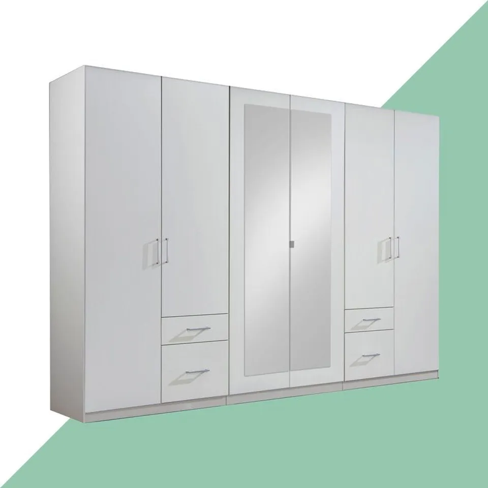 THORGARD WHITE 6 DOOR WARDROBE 270CM 2 MIRRORS 2+2DRAWERS (6 BOXES) 