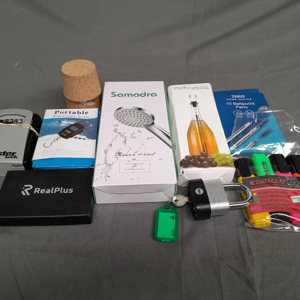 BOX OF ASSORTED HOUSEHOLD ITEMS TO INCLUDE PENS, SHOWER HEAD AND MASTER LOCK
