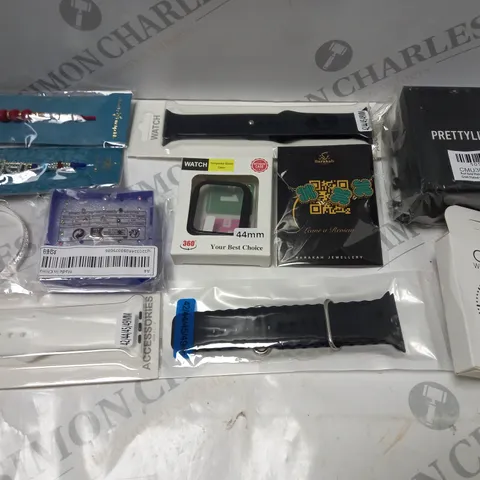 BOX OF APPROX 20 ASSORTED ITEMS OF JEWELLERY TO INCLUDE WATCH STRAP, CLASSIC WATCH BAND CASE, PRETTY LITTLE THING HOOP EARRINGS, ETC