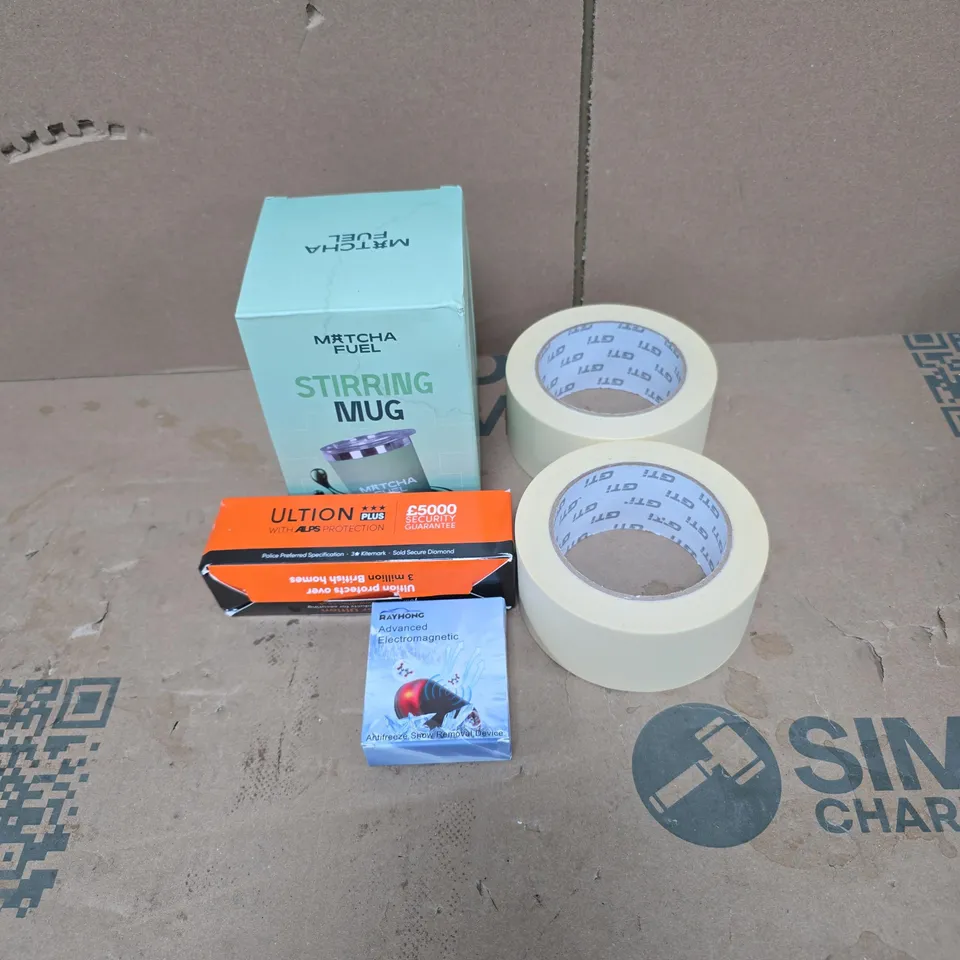 TOTE OF APPROXIMATELY 20 ASSORTED HOUSEHOLD ITEMS TO INCLUDE MATCHA FUEL STIRRING MUG, ULTION PLUS KEY AND LOCK, RAYHONG SNOW REMOVAL DEVICE, TAPE ETC
