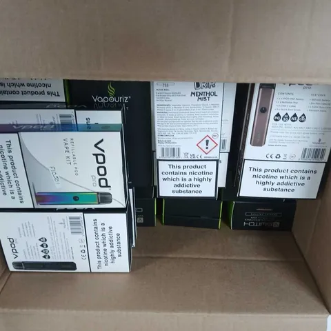 BOX OF APPROXIMATELY 35 ASSORTED E-CIGARETTES AND COMPONENTS TO INCLUDE:  VPOD PRO DEVICE KITS 