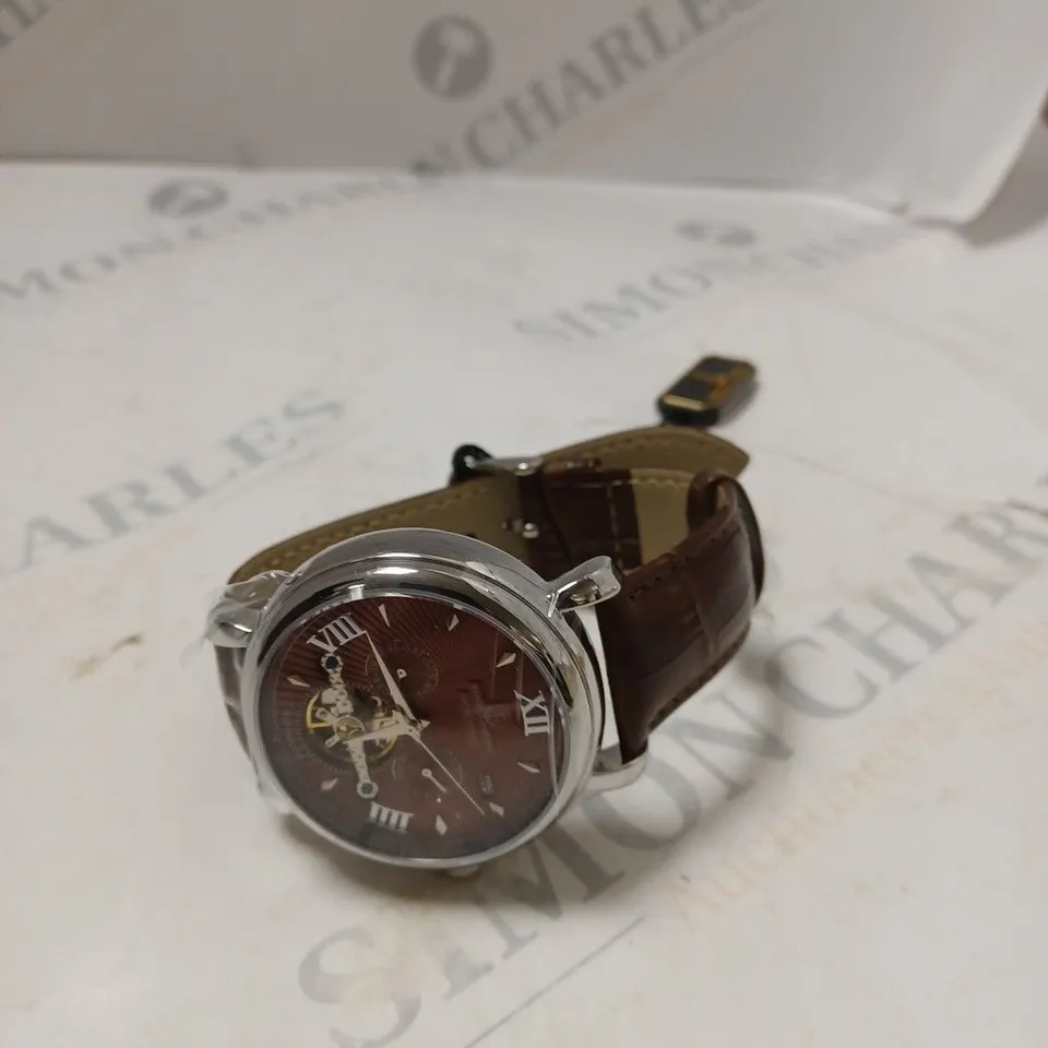 BOXED SAMUEL JOSEPH AUTOMATIC STEEL BROWN WATCH WITH LEATHER STRAP