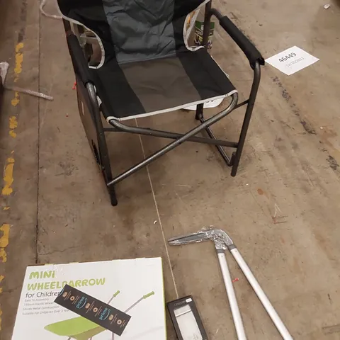 PALLET OF ASSORTED ITEMS INCLUDING, TIMBER RIDGE FOLDING CHAIR, MINI WHEELBARROW, GARDEN TOOLS, PHONE CASES