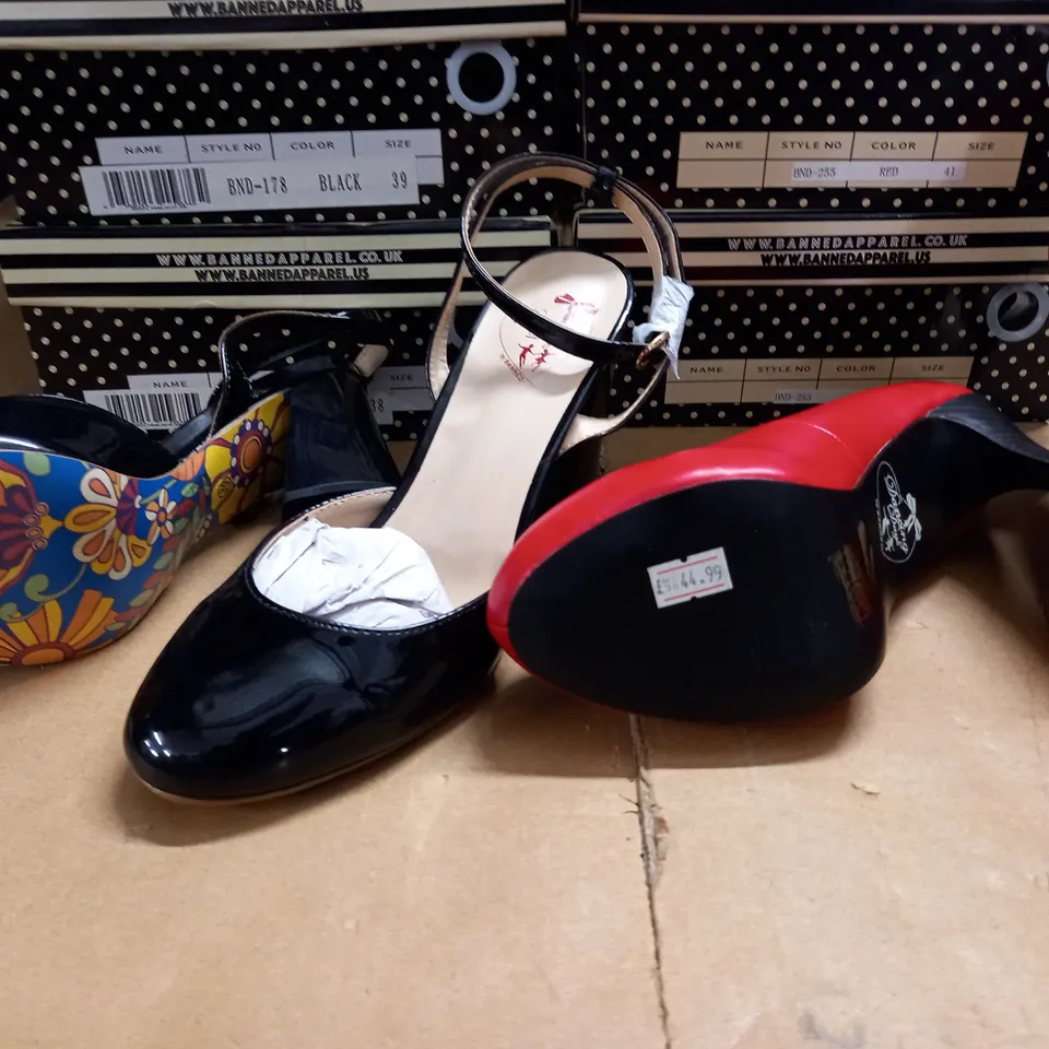 LOT OF 6 ASSORTED PAIRS OF BANNED HEELED SHOES IN VARIOUS SIZES