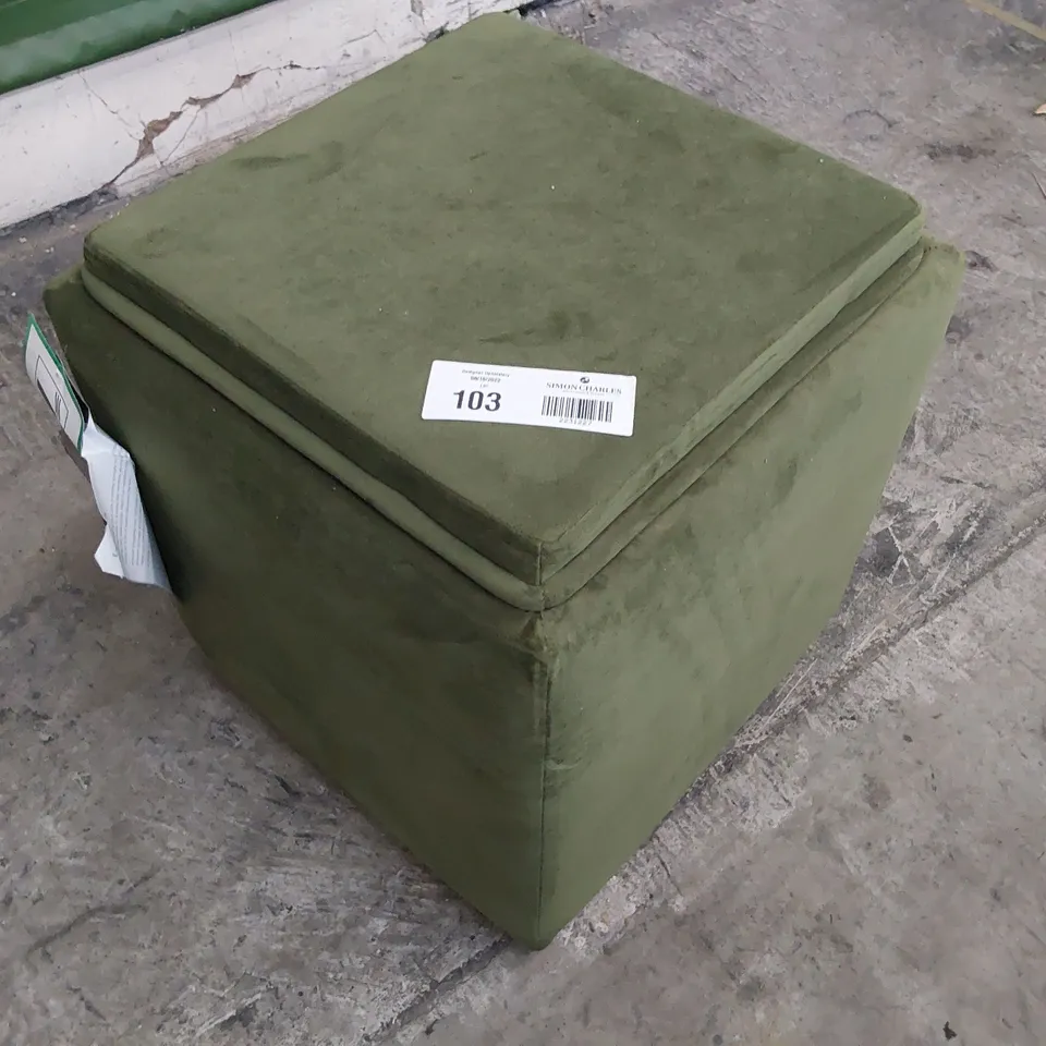 QUALITY BRITISH DESIGNER LOUNGE CO. CUBE STORAGE FOOTSTOOL WITH REVERSIBLE TRAY TOP GREEN PLUSH FABRIC 