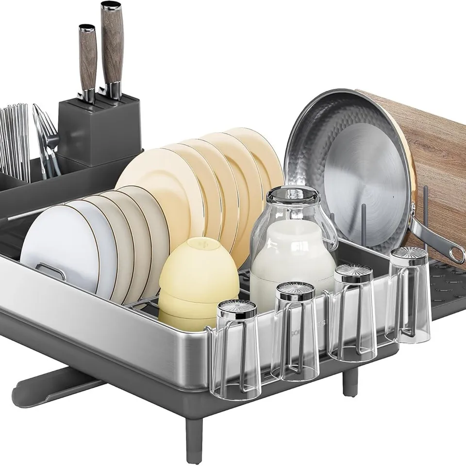 BOXED SONGMICS DISH DRAINER RACK, EXPANDABLE DISH DRYING RACK - SILVER/BLACK