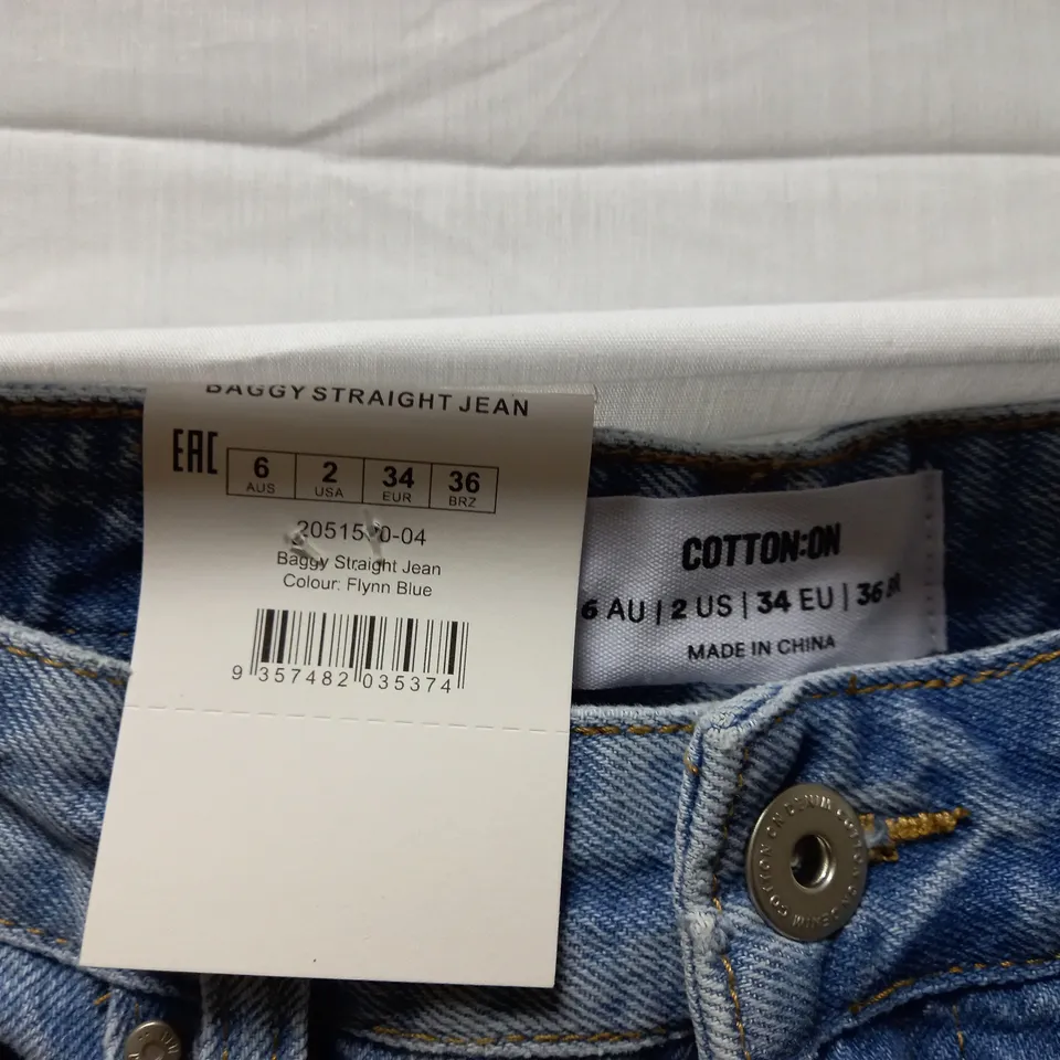 BOX OF APPROX 16 BRAND NEW COTTON:ON BAGGY STRAIGHT JEANS - FLYNN BLUE SIZE AUS 6