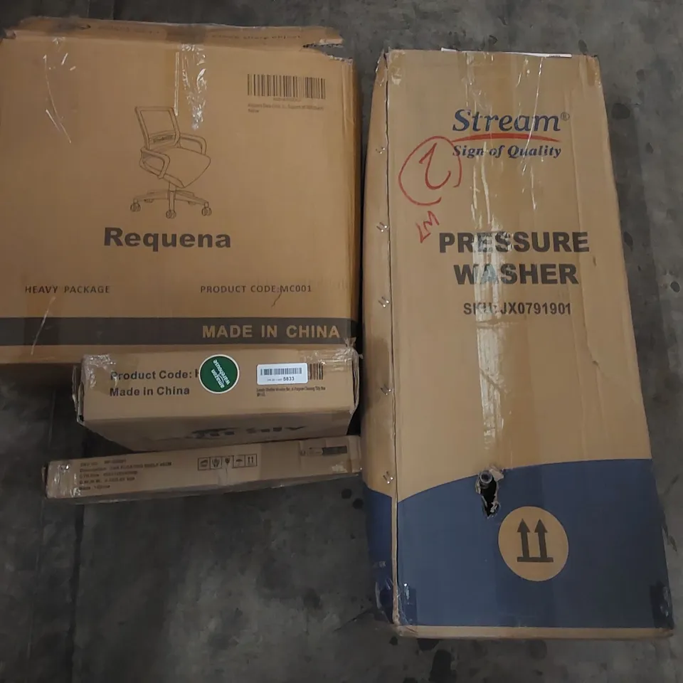 PALLET OF ASSORTED ITEMS INCLUDING PRESSURE WASHER, OFFICE CHAIR, FLOATING SHELF, CLEANING TIDY BOX 