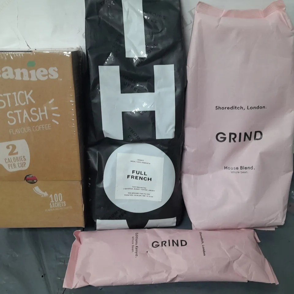 LOT OF 4 ASSORTED PACKS OF COFFEE INCLUDES BEANIES STICK STASH AND GROUND FULL FRENCH 1KG