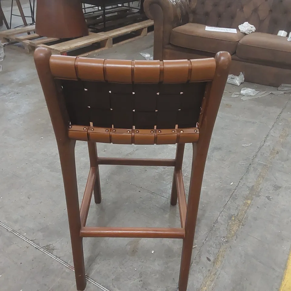 LONDON BAR STOOL - LEATHER WOVEN SEAT - TEAK FRAME - 64CM