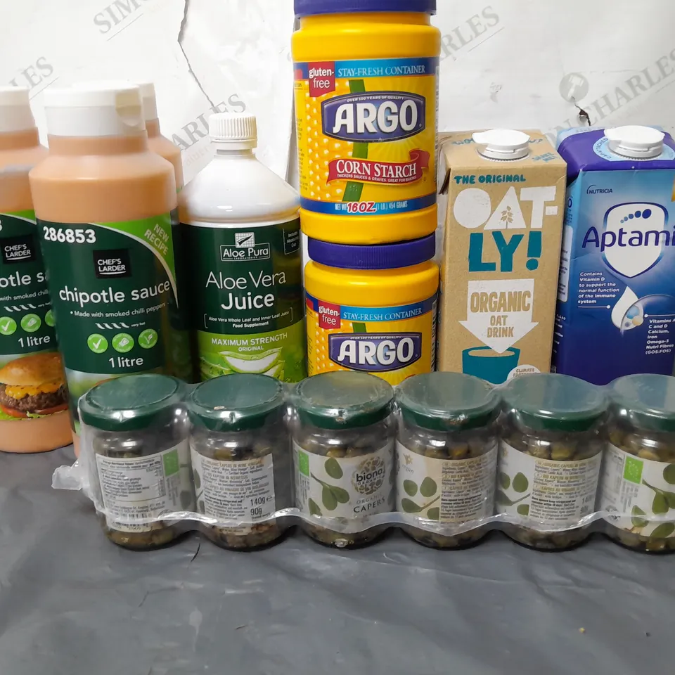 LOT OF 9 ASSORTED FOOD ITEMS TO INCLUDE CHIPOTLE SAUCE, CORN STARCH AND CAPERS