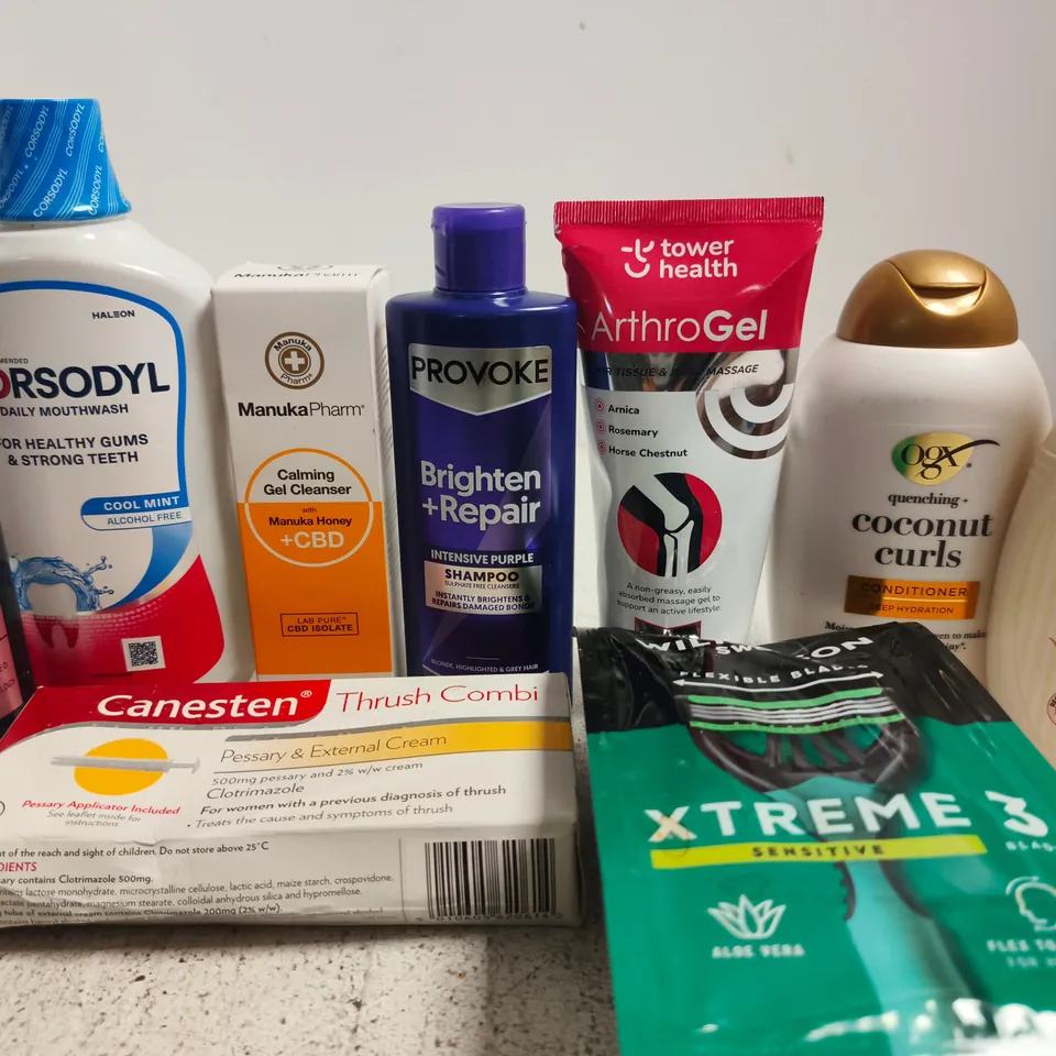 APPROX 12 ASSORTED BEAUTY PRODUCTS TO INCLUDE REDKEN TREATMENT, PROVOKE PURPLE SHAMPOO, AVEENO BODY WASH, ETC