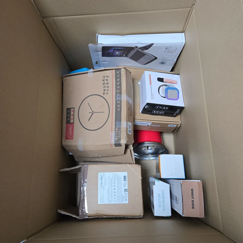 BOX OF APPROXIMATELY 15 ASSORTED HOME AND ELECTRICAL ITEMS INCLUDING WAVY CHIC AUTOMATIC HAIR CURLER, WIRELESS KARAOKE SOUND SYSTEM, PORTABLE BLENDER, IMMERSION HEATER AND WALL CLOCK