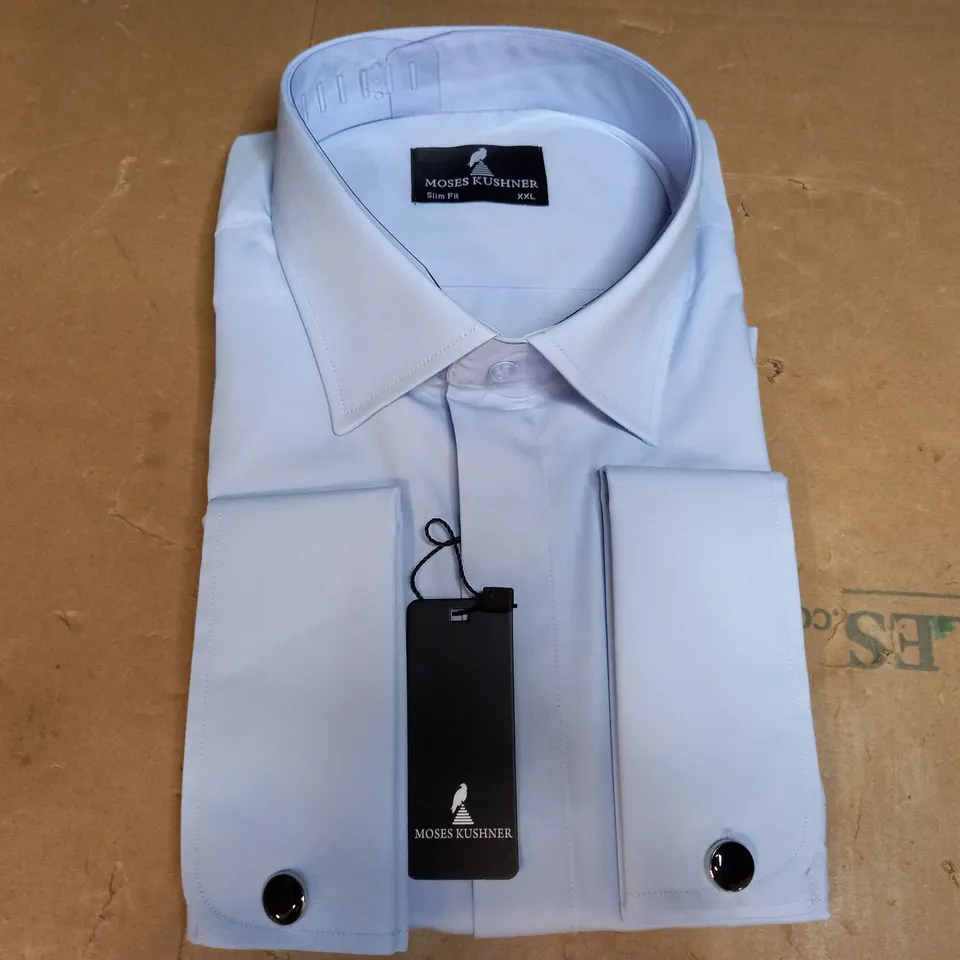 MOSES KUSHNER LOT OF 5 LONG SLEEVE SLIM FIT BUTTONED LIGHT BLUE SHIRTS IN VAIOUS SIZES - 4 SMALL, 1 XXL