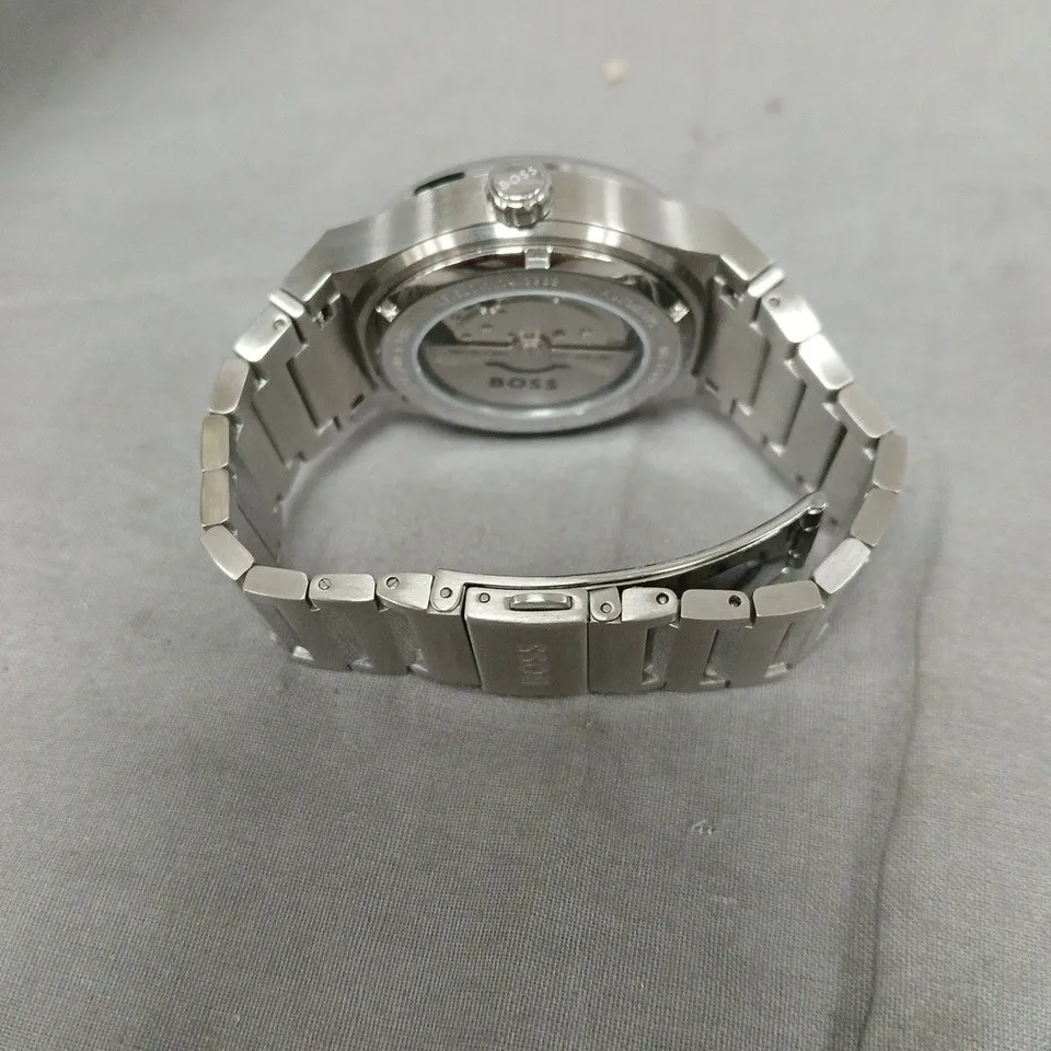 HUGO BOSS STAINLESS STEEL AUTOMATIC WATCH – BLUE DIAL, DATE, BOXED