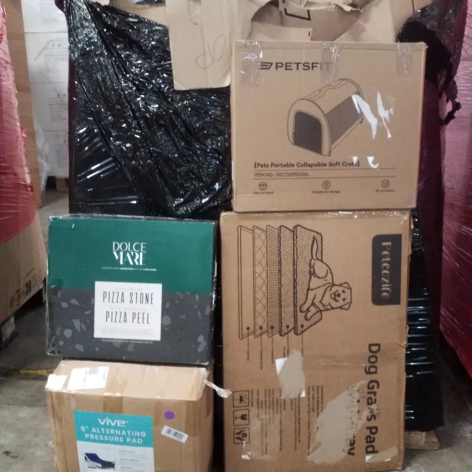 PALLET OF ASSORTED HOUSEHOLD GOODS AND PRODUCTS TO INCLUDE;DOG GRASS PAD WITH TRAY,PORTABLE DOG CRATE,PIZZA STONE ALUMINIUM PIZZA PEEL