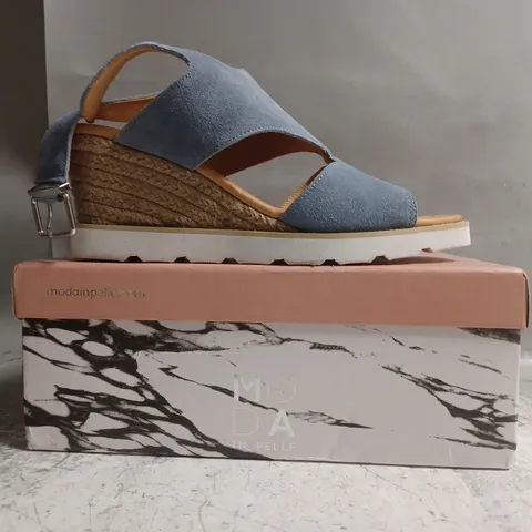 BOXED PAIR OF MODA IN PELLE MAPEL OPEN TOE WEDGE SANDALS IN LIGHT BLUE SIZE EU 39