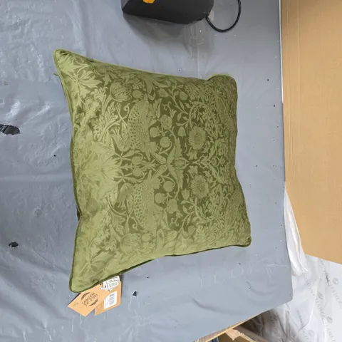 GREEN DAMASK DECORATIVE CUSHION WITH FEELS LIKE FEATHERS TAG