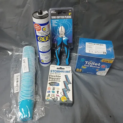 BOX OF APPROXIMATELY 15 ASSORTED HOUSEHOLD ITEMS TO INCLUDE TOILET GEL STAMPS, CLEAR SEALANT AND SIDE CUT PLIERS