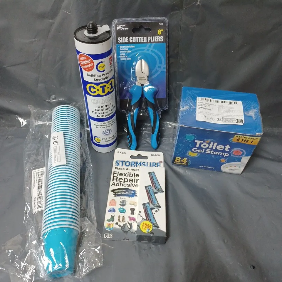 BOX OF APPROXIMATELY 15 ASSORTED HOUSEHOLD ITEMS TO INCLUDE TOILET GEL STAMPS, CLEAR SEALANT AND SIDE CUT PLIERS