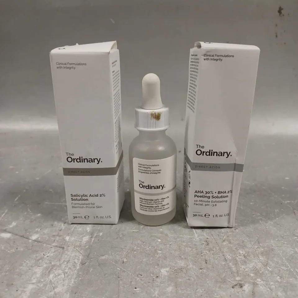 THE ORDINARY LOT OF 3 ASSORTED COSMETIC ITEMS TO INCLUDE - NIACINAMID 10% BLEMISH FORMULA - AHA 30% + BHA 2% PEELING SOLUTION - SALICYLIC ACID 2%